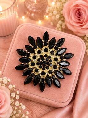 Elegant Black and Gold Floral Crystal Brooch - Women Jewelry